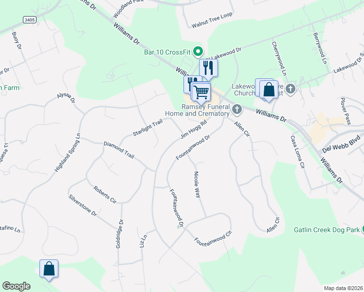map of restaurants, bars, coffee shops, grocery stores, and more near 2000 Fountainwood Drive in Georgetown