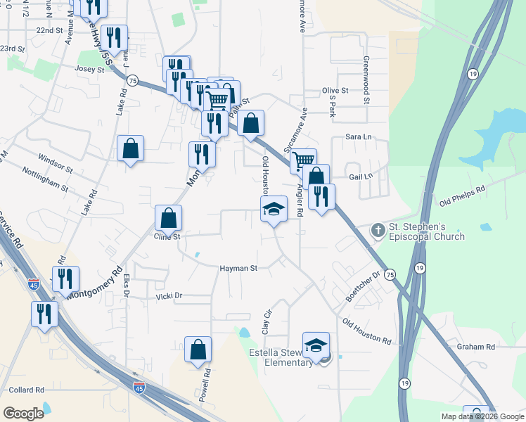 map of restaurants, bars, coffee shops, grocery stores, and more near 2800 Cline Street in Huntsville