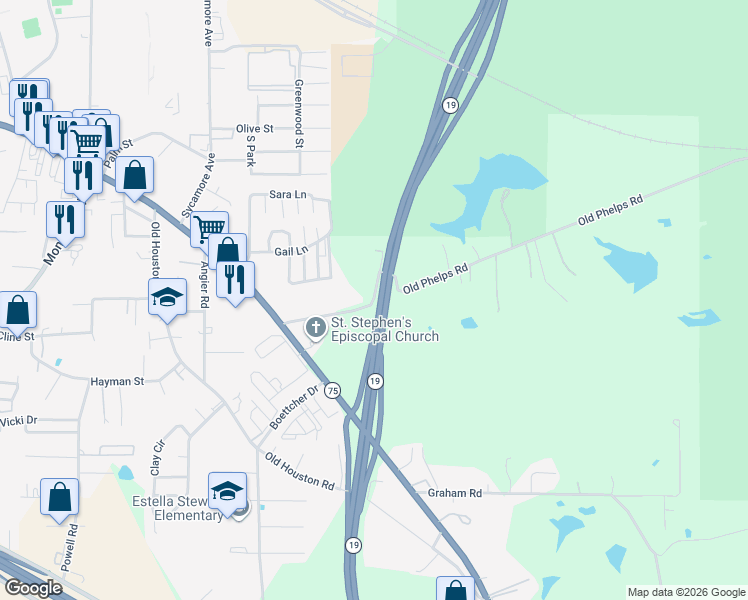 map of restaurants, bars, coffee shops, grocery stores, and more near 411 Old Phelps Road in Huntsville