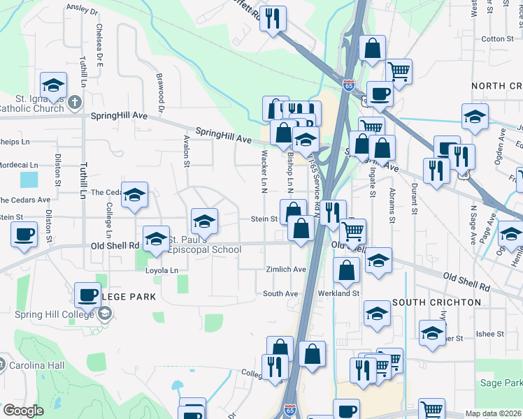 map of restaurants, bars, coffee shops, grocery stores, and more near 309 Wacker Lane North in Mobile