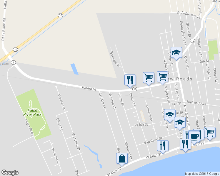 map of restaurants, bars, coffee shops, grocery stores, and more near 1010 Parent Street in New Roads