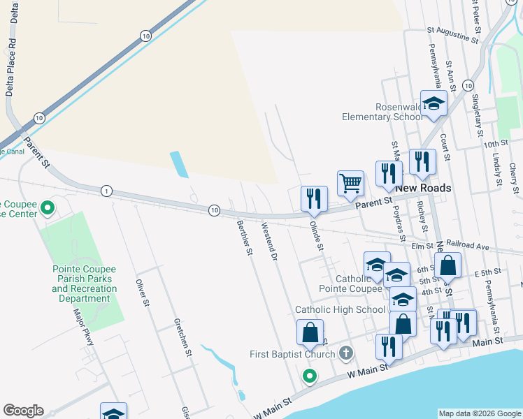 map of restaurants, bars, coffee shops, grocery stores, and more near 1010 Parent Street in New Roads