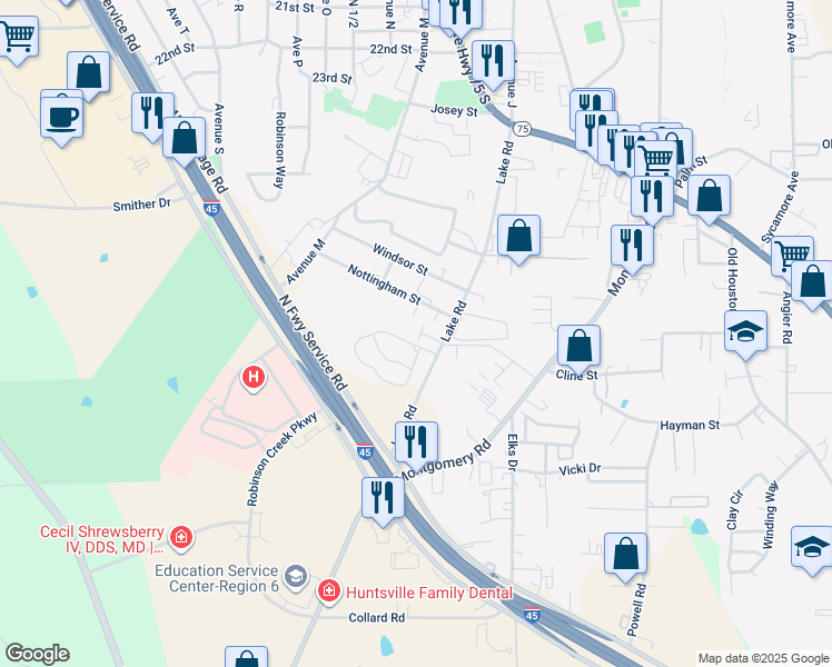 map of restaurants, bars, coffee shops, grocery stores, and more near 2804 Lake Road in Huntsville