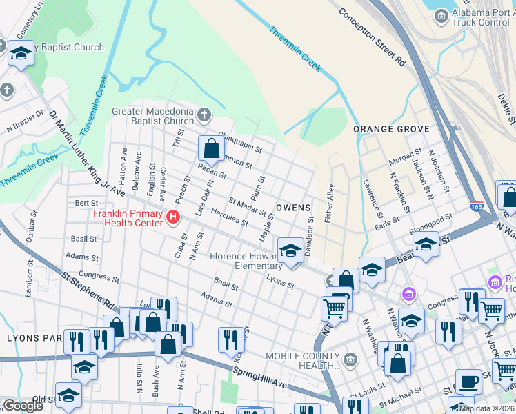 map of restaurants, bars, coffee shops, grocery stores, and more near 1162 Saint Madar Street in Mobile