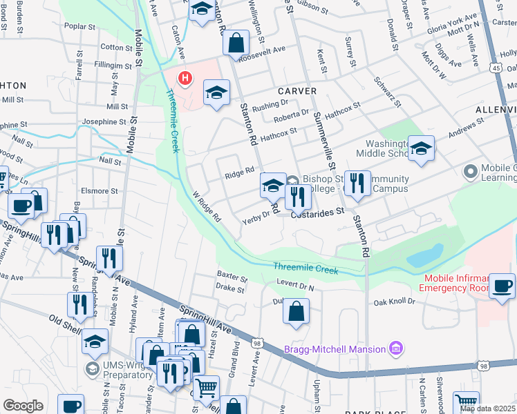 map of restaurants, bars, coffee shops, grocery stores, and more near 2413 Bunche Road in Mobile