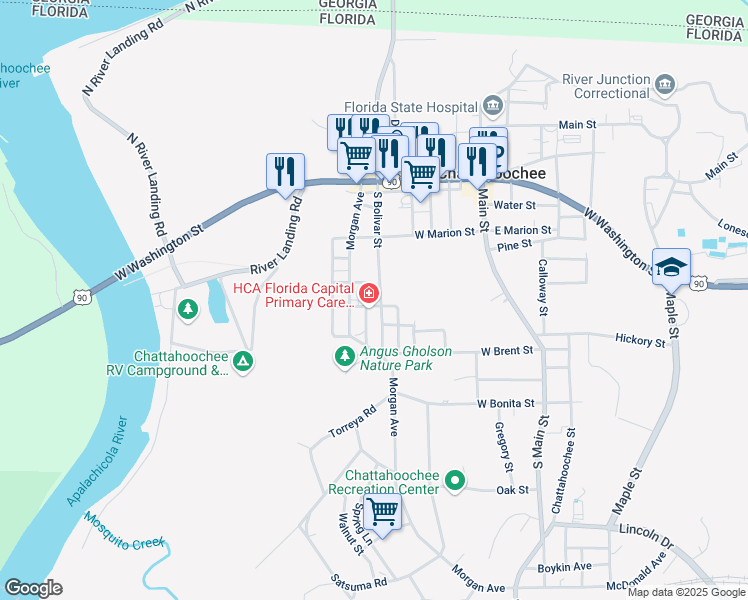 map of restaurants, bars, coffee shops, grocery stores, and more near 201-299 South Bolivar Street in Chattahoochee