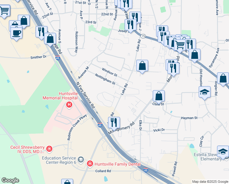 map of restaurants, bars, coffee shops, grocery stores, and more near 2804 Lake Road in Huntsville