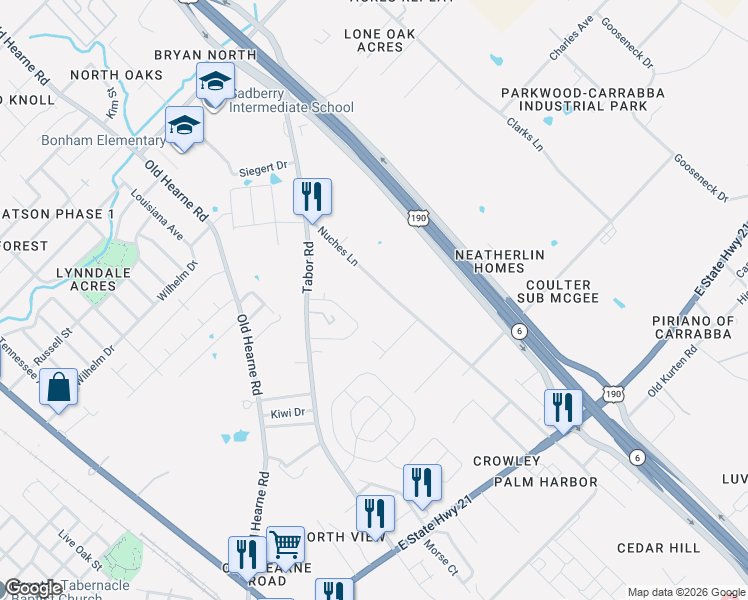 map of restaurants, bars, coffee shops, grocery stores, and more near 2132 Nuches Lane in Bryan