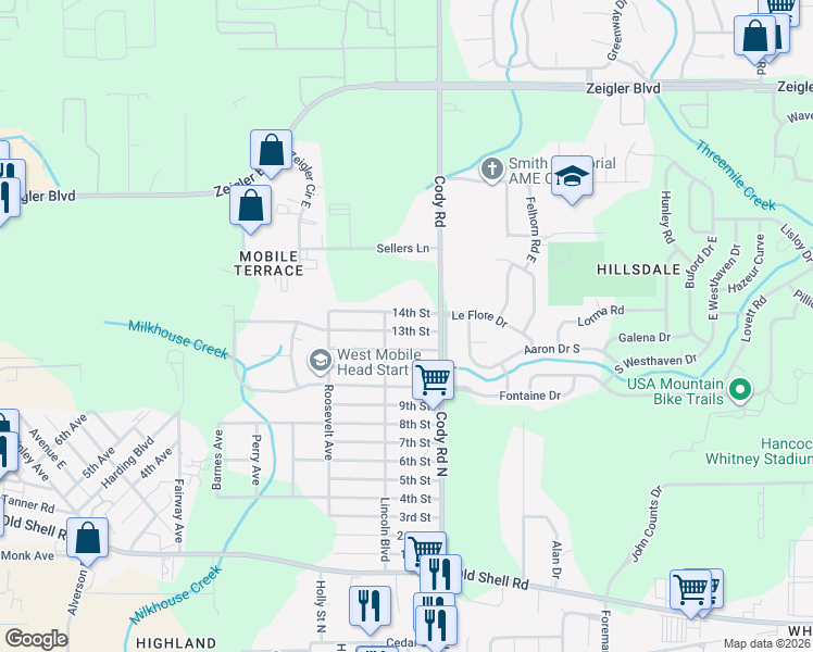 map of restaurants, bars, coffee shops, grocery stores, and more near 7142 13th Street in Mobile