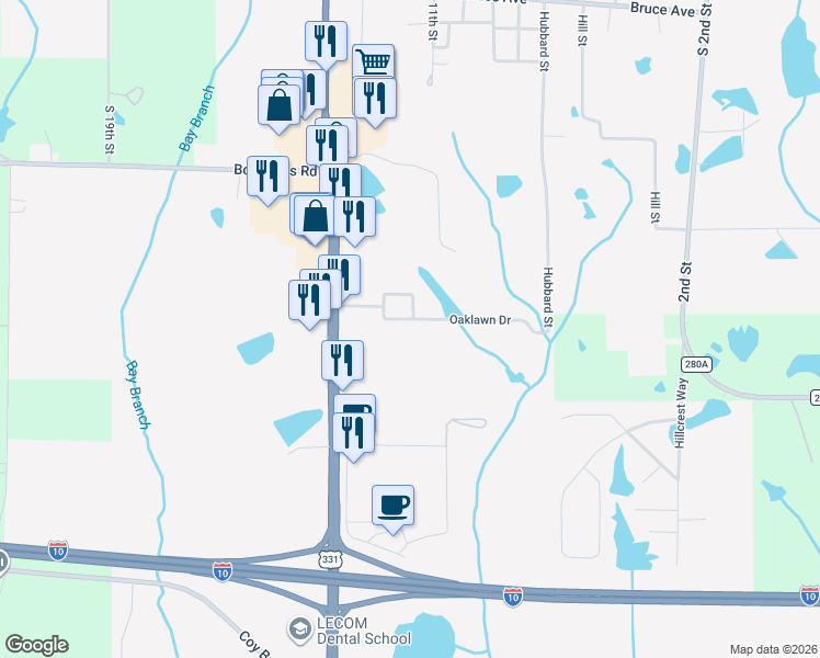 map of restaurants, bars, coffee shops, grocery stores, and more near 88 Oaklawn Square in DeFuniak Springs