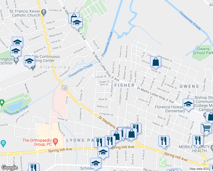 map of restaurants, bars, coffee shops, grocery stores, and more near 1502 Chatague Avenue in Mobile