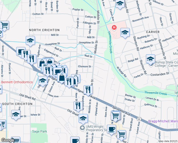map of restaurants, bars, coffee shops, grocery stores, and more near 350 Fredonia Street in Mobile