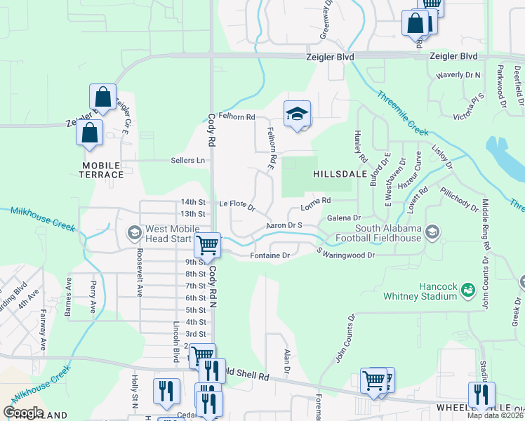 map of restaurants, bars, coffee shops, grocery stores, and more near 6400 Le Flore Drive in Mobile