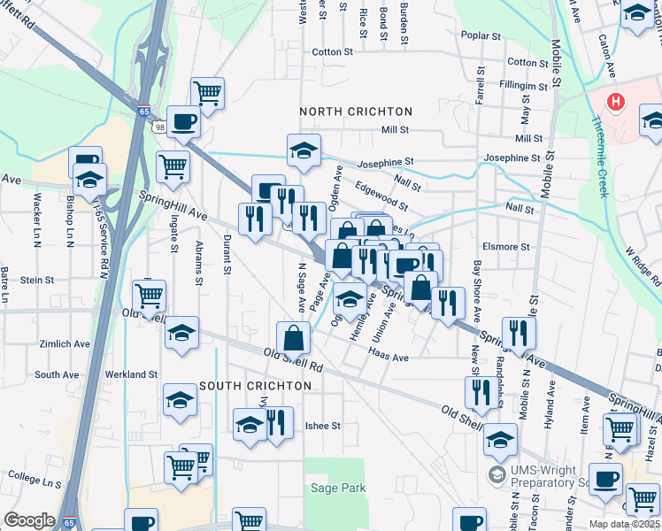 map of restaurants, bars, coffee shops, grocery stores, and more near 3098 SpringHill Avenue in Mobile