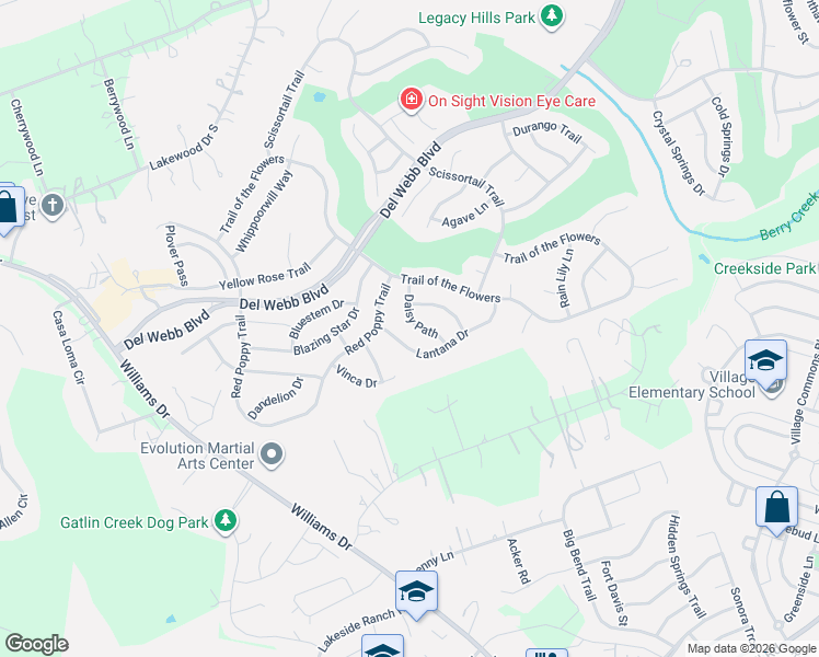 map of restaurants, bars, coffee shops, grocery stores, and more near 113 Daisy Path in Georgetown