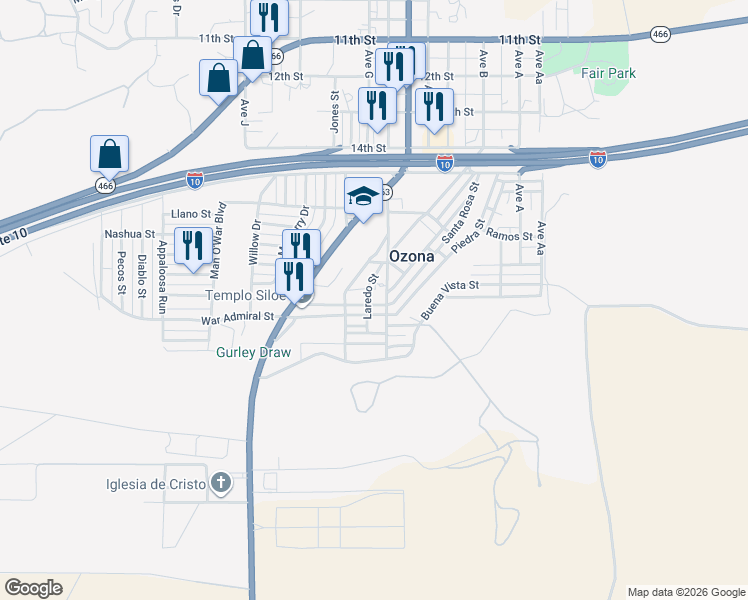 map of restaurants, bars, coffee shops, grocery stores, and more near 408-498 Santa Rosa Street in Ozona