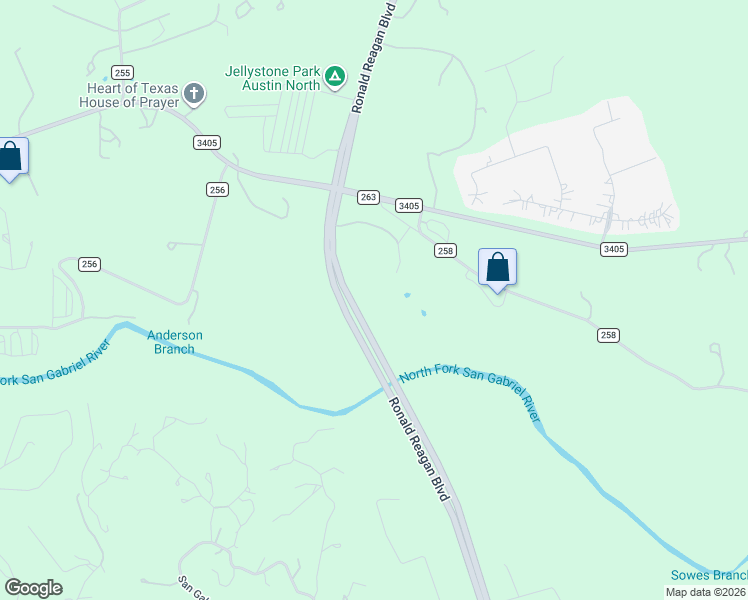 map of restaurants, bars, coffee shops, grocery stores, and more near 5855 County Road 258 in Liberty Hill