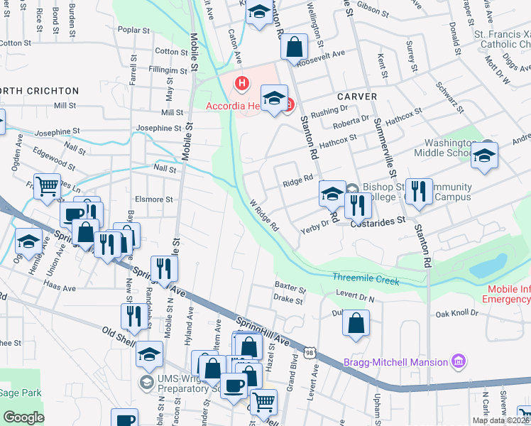 map of restaurants, bars, coffee shops, grocery stores, and more near 2438 Redmond Street in Mobile