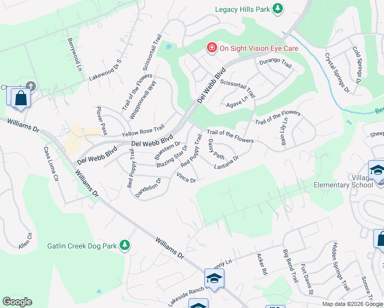 map of restaurants, bars, coffee shops, grocery stores, and more near 278 Red Poppy Trail in Georgetown