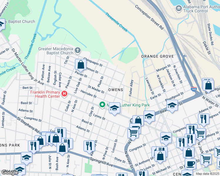 map of restaurants, bars, coffee shops, grocery stores, and more near 1105 Pecan Street in Mobile