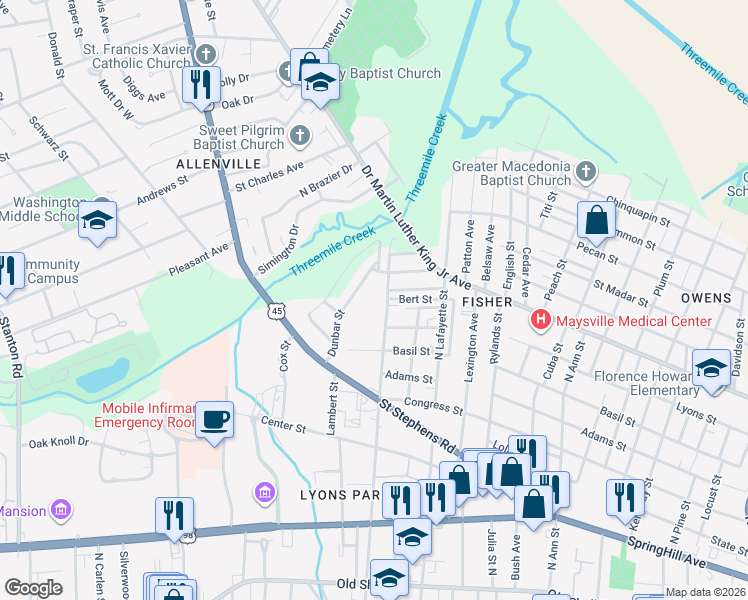 map of restaurants, bars, coffee shops, grocery stores, and more near 439 North Catherine Street in Mobile
