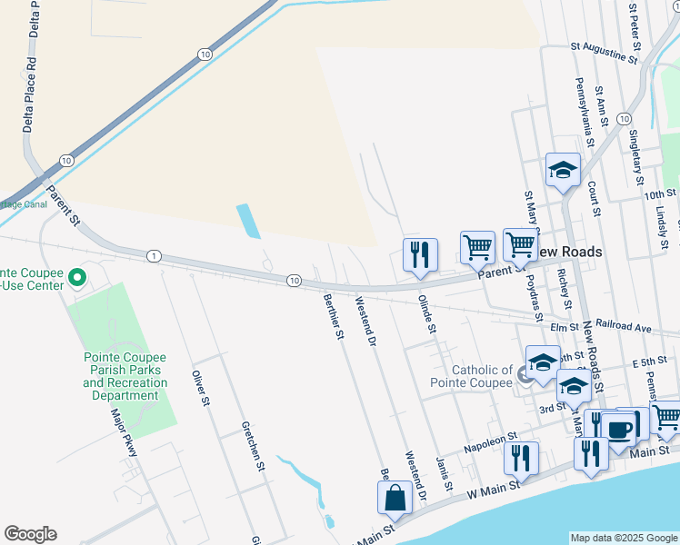 map of restaurants, bars, coffee shops, grocery stores, and more near 1012 Parent Street in New Roads