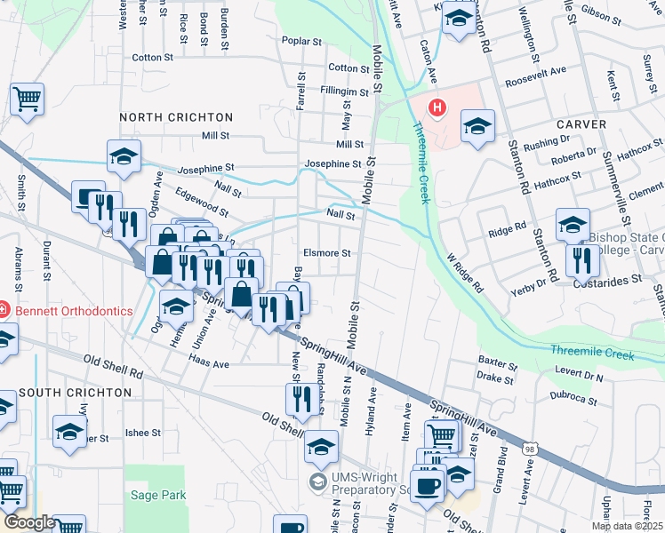 map of restaurants, bars, coffee shops, grocery stores, and more near 350 Fredonia Street in Mobile