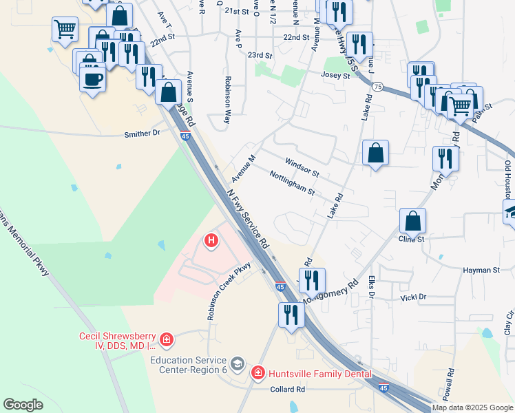 map of restaurants, bars, coffee shops, grocery stores, and more near 2523 Avenue M in Huntsville