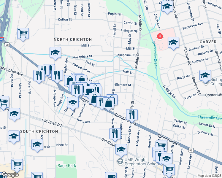 map of restaurants, bars, coffee shops, grocery stores, and more near 355 Bay Shore Avenue in Mobile
