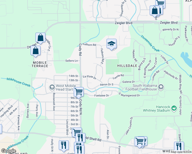 map of restaurants, bars, coffee shops, grocery stores, and more near 6400 Le Flore Drive in Mobile
