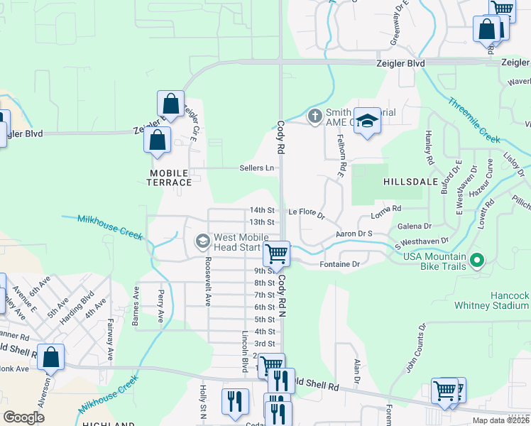map of restaurants, bars, coffee shops, grocery stores, and more near 7142 13th Street in Mobile