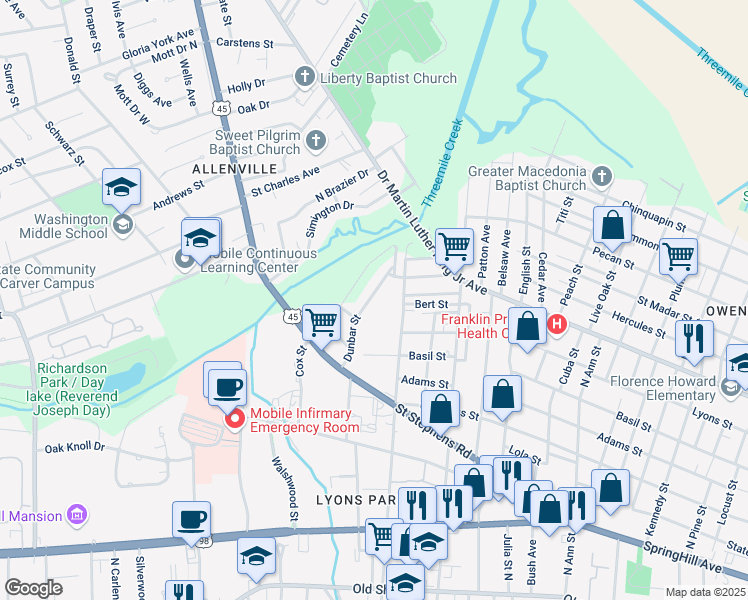 map of restaurants, bars, coffee shops, grocery stores, and more near 364 Dunbar Street in Mobile