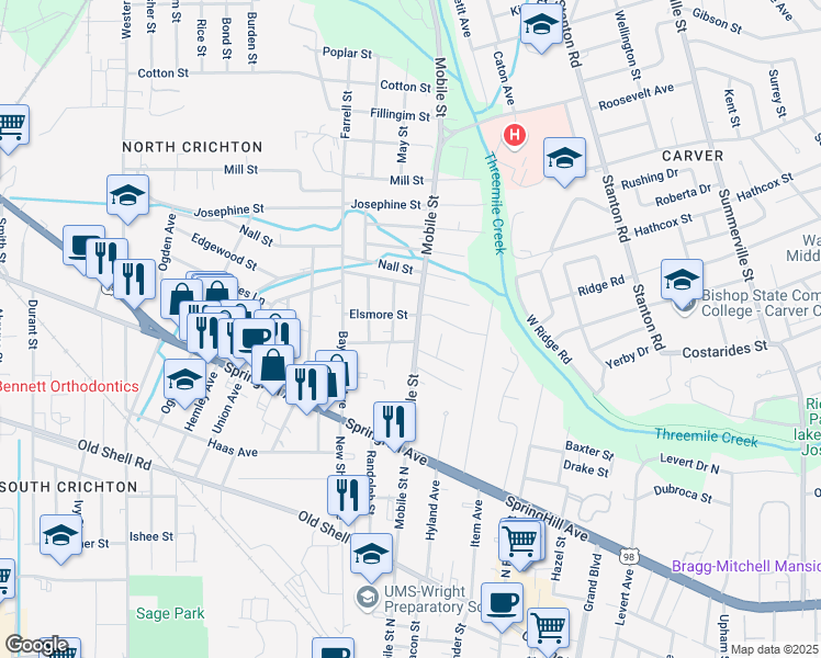 map of restaurants, bars, coffee shops, grocery stores, and more near 355 Mobile Street in Mobile