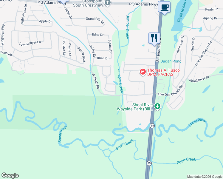map of restaurants, bars, coffee shops, grocery stores, and more near 2605 Brodie Lane in Crestview