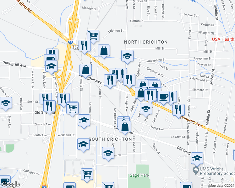 map of restaurants, bars, coffee shops, grocery stores, and more near 225 Columbia Street in Mobile