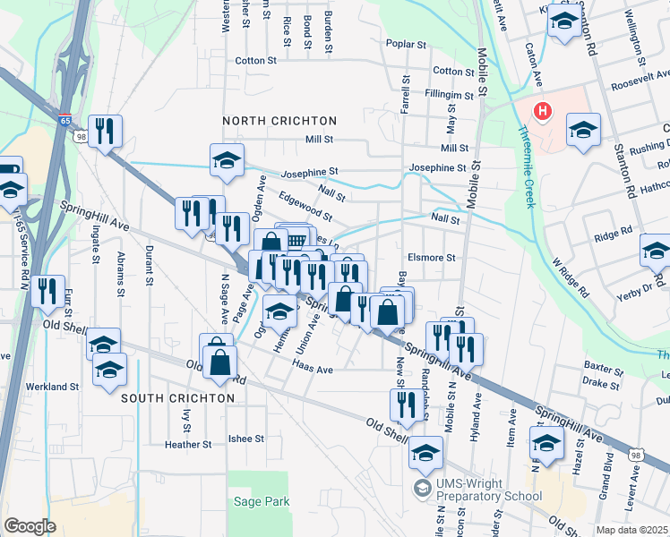 map of restaurants, bars, coffee shops, grocery stores, and more near 2851 Frederick Street in Mobile