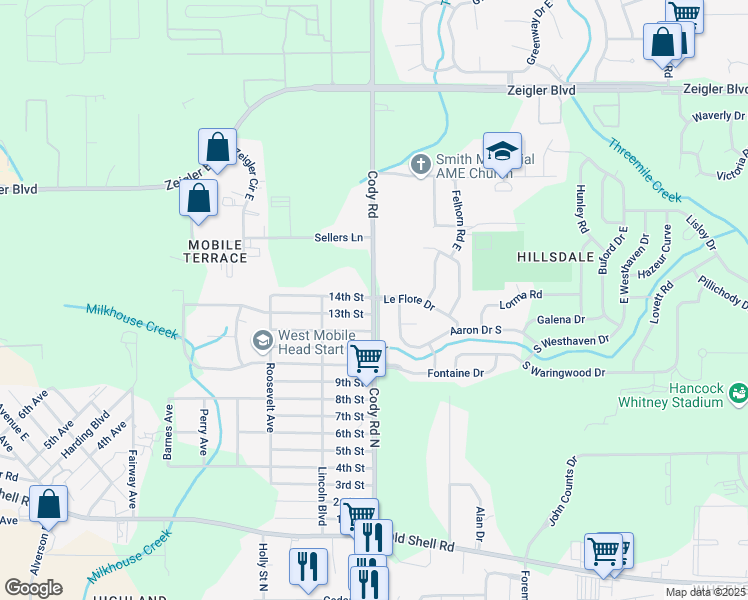 map of restaurants, bars, coffee shops, grocery stores, and more near 598 County Road 37 in Mobile