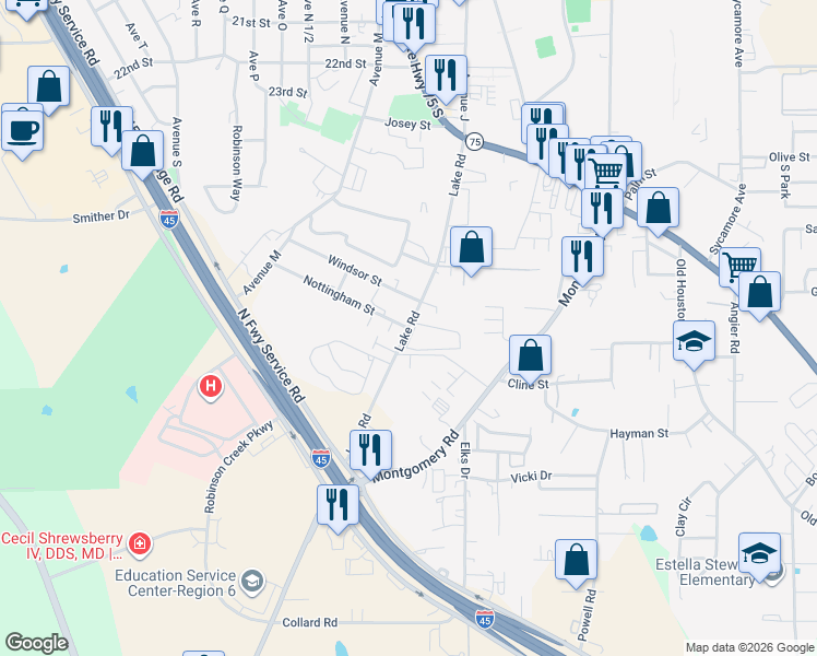 map of restaurants, bars, coffee shops, grocery stores, and more near Lake Road in Huntsville