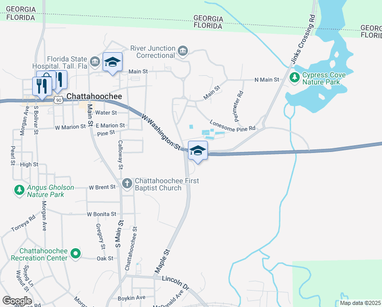 map of restaurants, bars, coffee shops, grocery stores, and more near 335 Maple Street in Chattahoochee