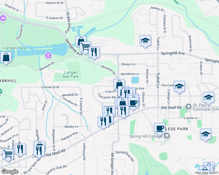 map of restaurants, bars, coffee shops, grocery stores, and more near 15 York Place in Mobile