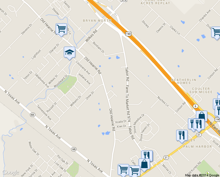 map of restaurants, bars, coffee shops, grocery stores, and more near 2712 Hefti Circle in Bryan