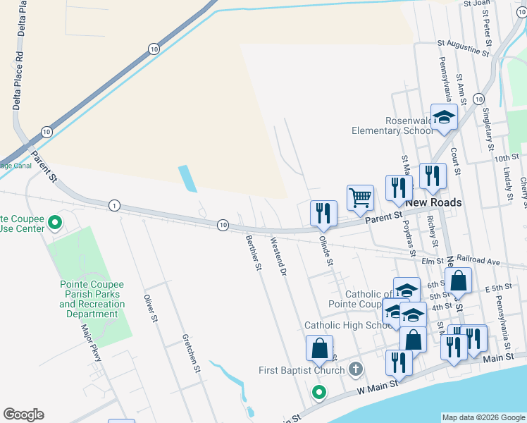 map of restaurants, bars, coffee shops, grocery stores, and more near 1010 Parent Street in New Roads