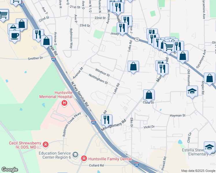 map of restaurants, bars, coffee shops, grocery stores, and more near 2804 Lake Road in Huntsville