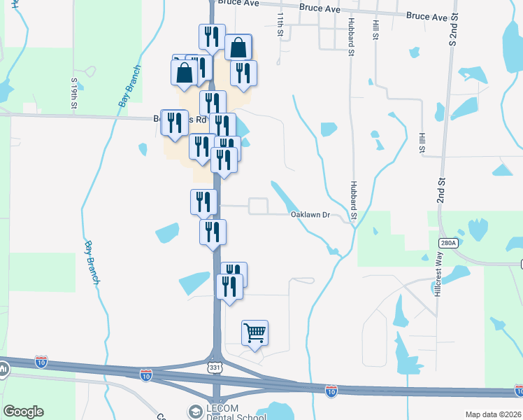 map of restaurants, bars, coffee shops, grocery stores, and more near 88 Oaklawn Square in DeFuniak Springs