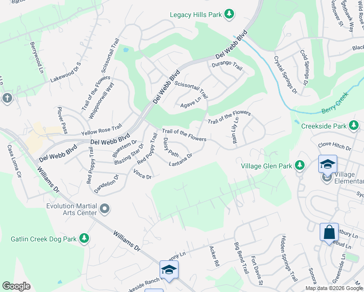 map of restaurants, bars, coffee shops, grocery stores, and more near 122 Daisy Path in Georgetown