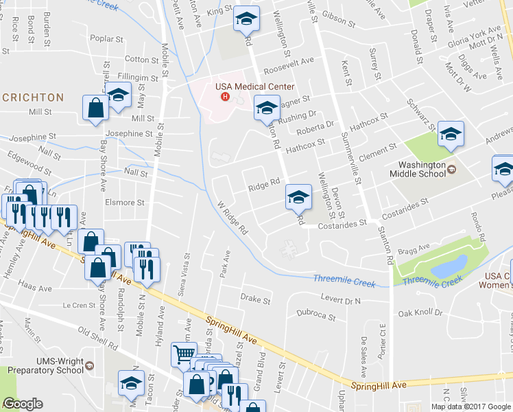 map of restaurants, bars, coffee shops, grocery stores, and more near 450 Creek Circle Drive West in Mobile