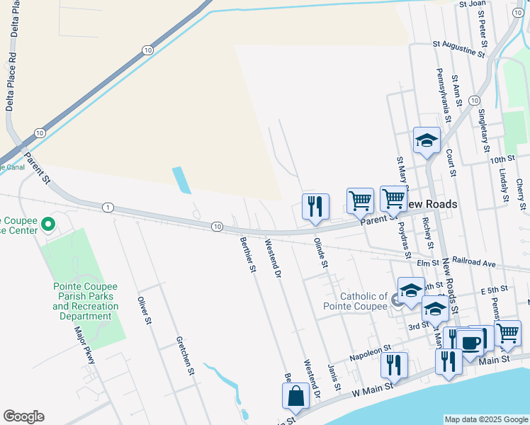 map of restaurants, bars, coffee shops, grocery stores, and more near 1010 Parent Street in New Roads