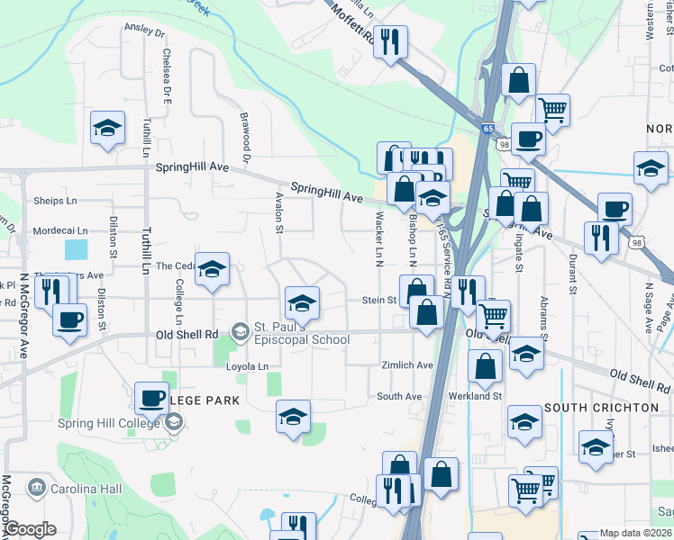 map of restaurants, bars, coffee shops, grocery stores, and more near 117-119 Batre Ln in Mobile