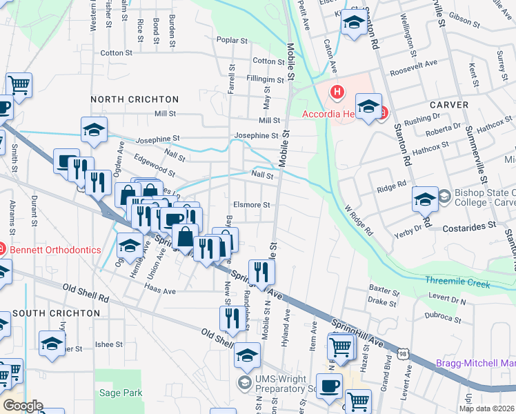 map of restaurants, bars, coffee shops, grocery stores, and more near 350 Fredonia Street in Mobile