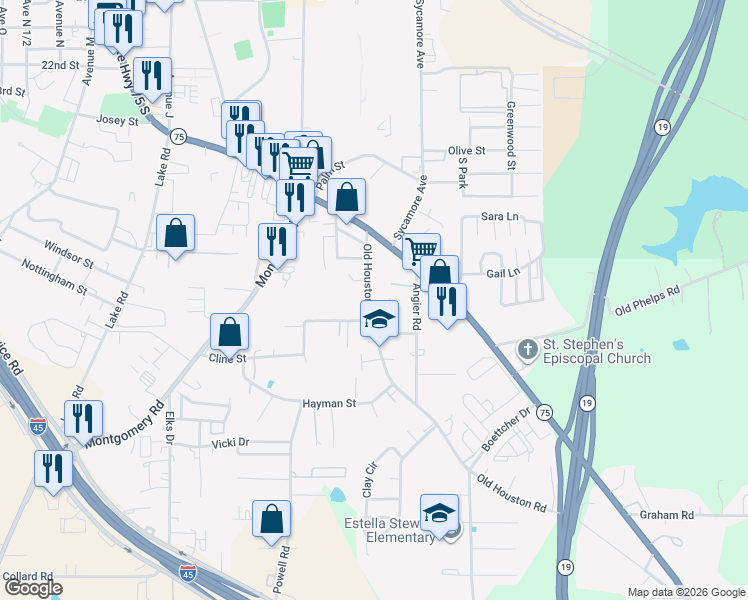 map of restaurants, bars, coffee shops, grocery stores, and more near 2800 Cline Street in Huntsville